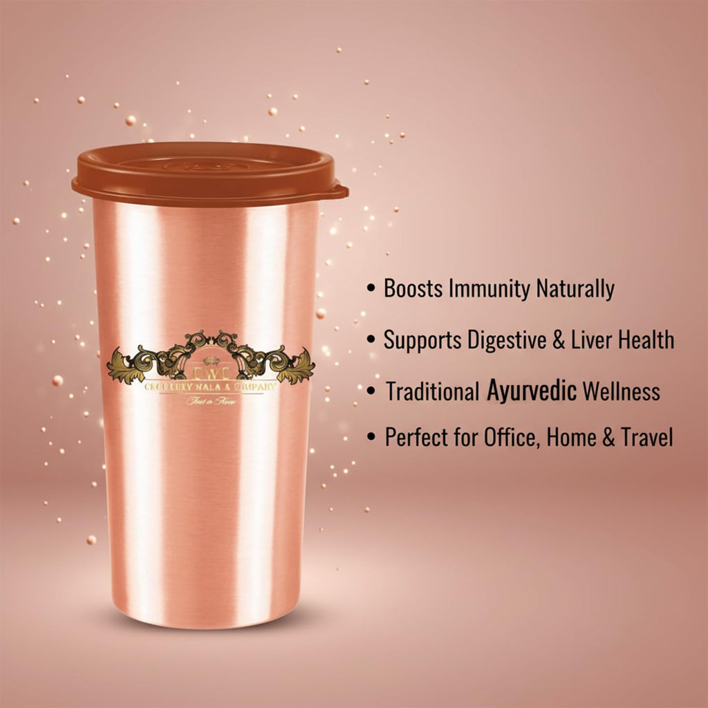cWc Copper Water Tumbler with Lid, 480ml | 100% Pure Copper Drinking Glass | Leak-Proof, BPA-Free | Ayurvedic Water Storage Cup for Daily Hydration | Office, Travel & Home Use
