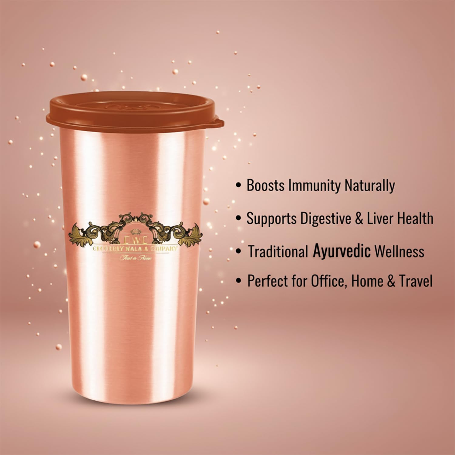 cWc Copper Water Tumbler with Lid, 480ml | 100% Pure Copper Drinking Glass | Leak-Proof, BPA-Free | Ayurvedic Water Storage Cup for Daily Hydration | Office, Travel & Home Use