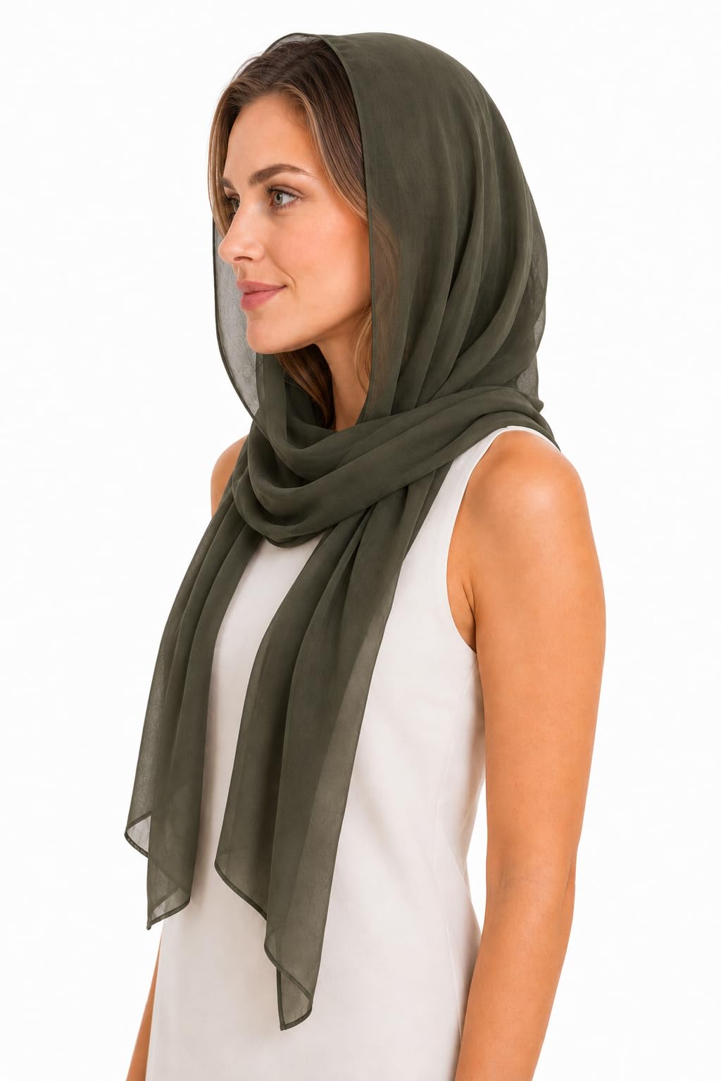 YOUR SMILE for Women Lightweight Breathable Solid Color Soft Chiffon Long Fashion Scarves Sun-proof Shawls Wrap, Olive Green, 27''x70''