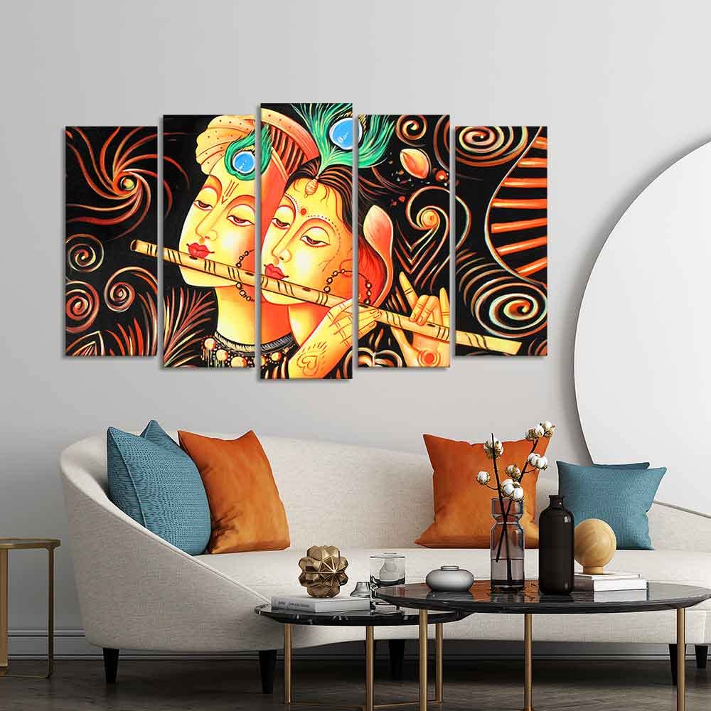 VIBECRAFTS Radha Krishna with Flute Set of Five Pieces Wall Painting For Home|Office|Living Room|Gift (PTVC5Pcs2_6577)
