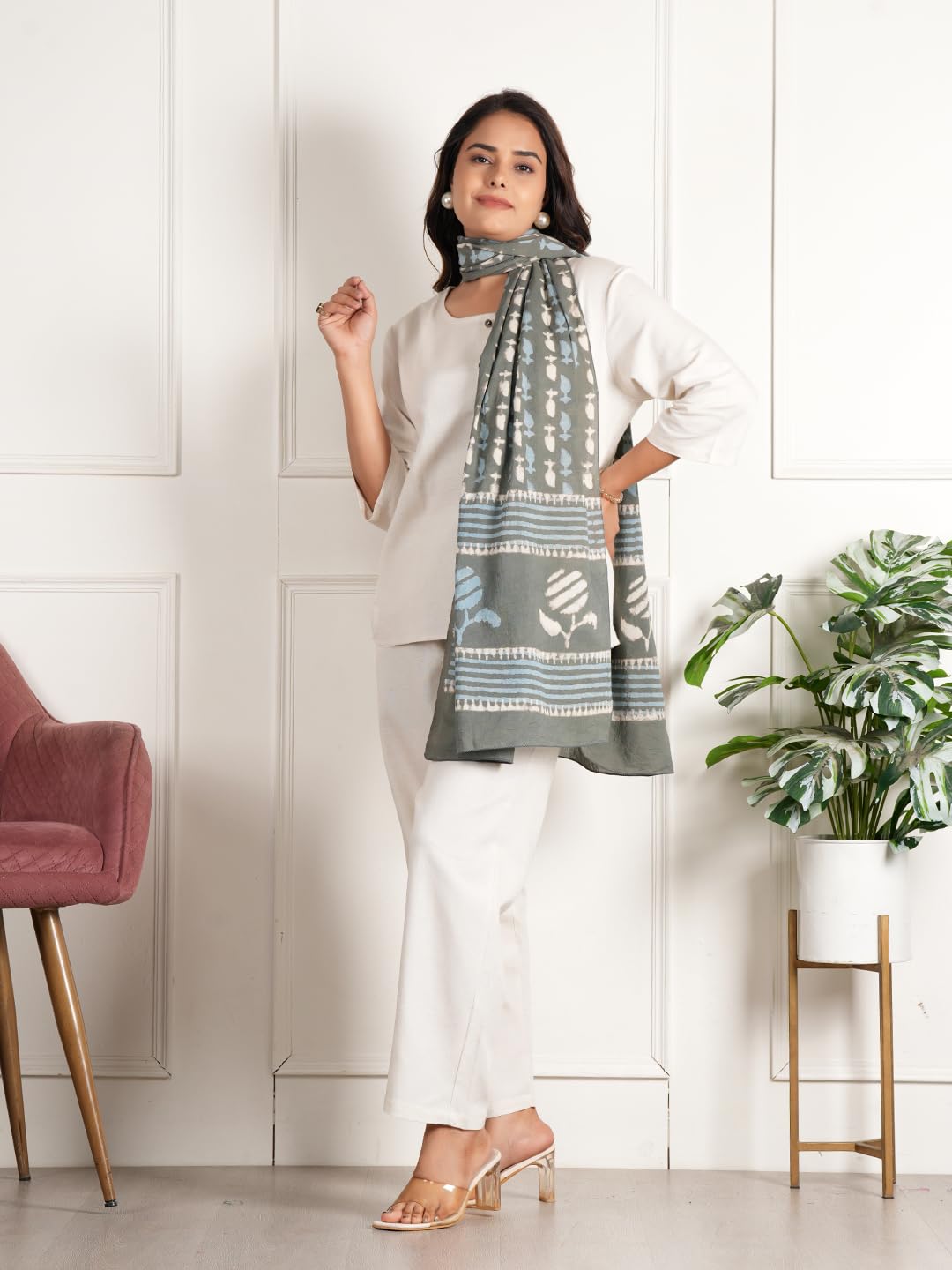 RAI SAHAB Printed Cotton Scarf for Women, Lightweight Soft Scarves Stoles for Summer & Winter(ST-88GREY10)