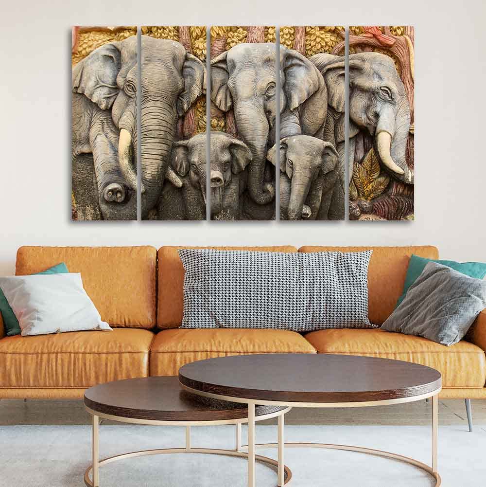 VIBECRAFTS Beautiful Elephants Premium Wall Painting Set of Five For Home|Office|Living Room|Gift (PTVC5Pcs4_8615)