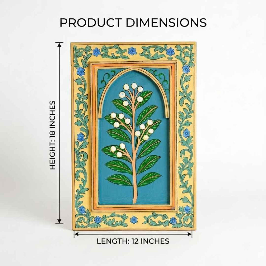 ATRANGI STUDIO Motiphool Handpainted Wooden Wall Frame | Rajasthani Traditional Craft | Decorative Floral Wall Hanging Art for Living room, Bedroom, Office | 12×18 Inch, Teal