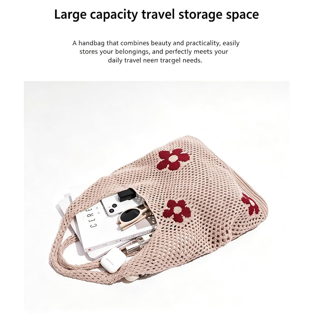 KSAIBINID Crochet Bag for Women Stylish, Beach Tote Bag for Women, Shopping Bag for Woman with Floral Design, Cotton Tote Bag for Woman