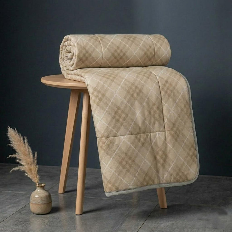 Premium Flannel Dohar for Single Bed | Ultra Soft & Lightweight AC Blanket | Breathable All Season Blanket Ac Quilt for Summer & Mild Winter | Machine Washable (88x56 Inches)_Beige Plaid Kafalo