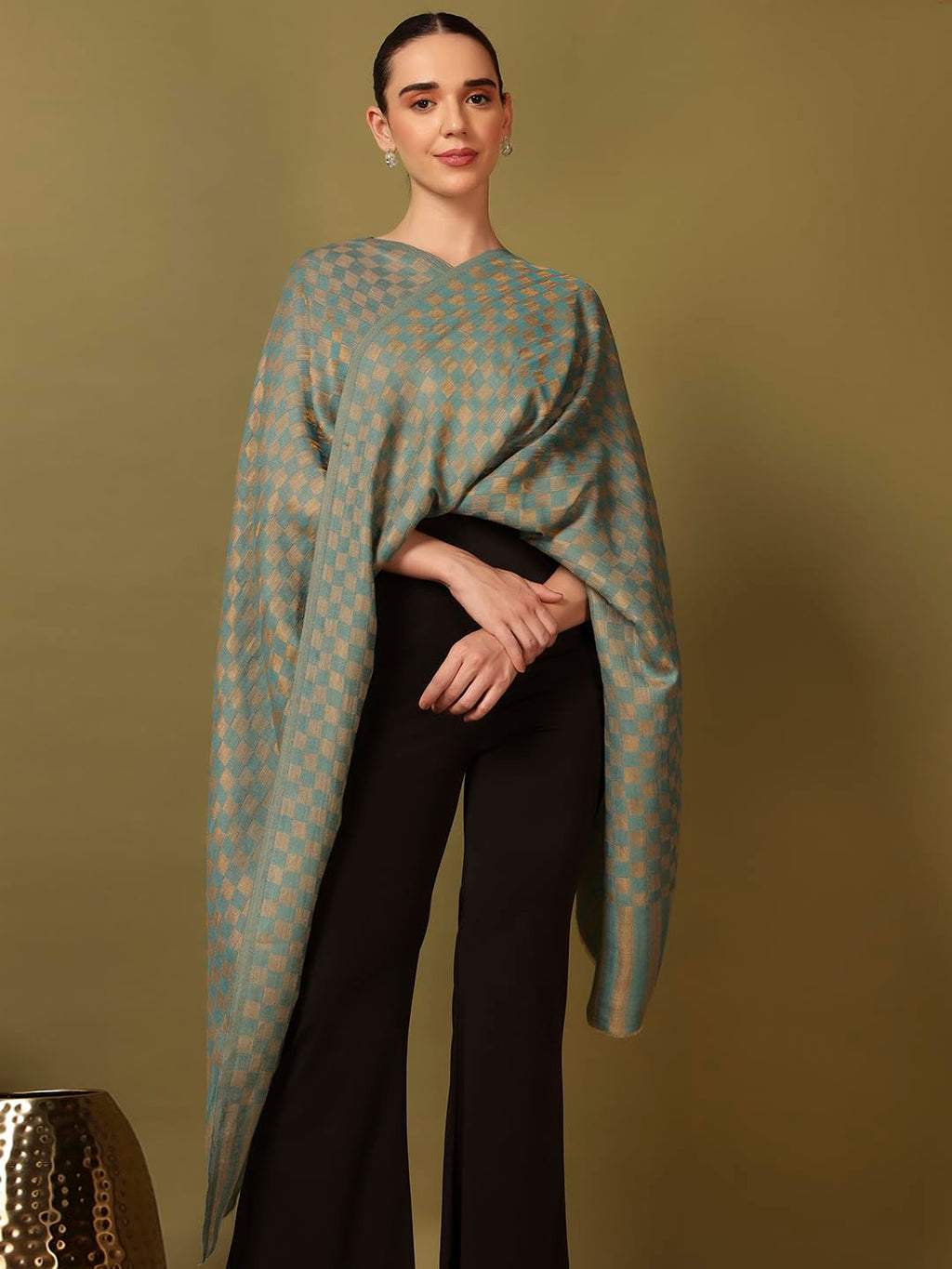 Pashmoda Women Champagne Check Reversible Zari Moonlight Fine Wool Stole (Size : 28x80in, 71X203cm) ZSST02