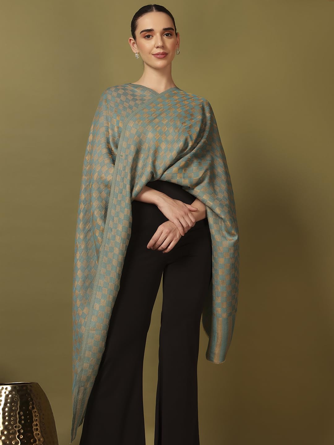 Pashmoda Women Champagne Check Reversible Zari Moonlight Fine Wool Stole (Size : 28x80in, 71X203cm) ZSST02
