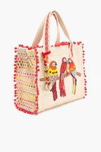 Boho Girl Parrot Perch Tote Bag – Beaded Parrots Design, Handcrafted Bag for Ladies, Colorful, Boho Chic Tote, Perfect for Casual Outings, Office Use, and Everyday Style for Womens & Girls