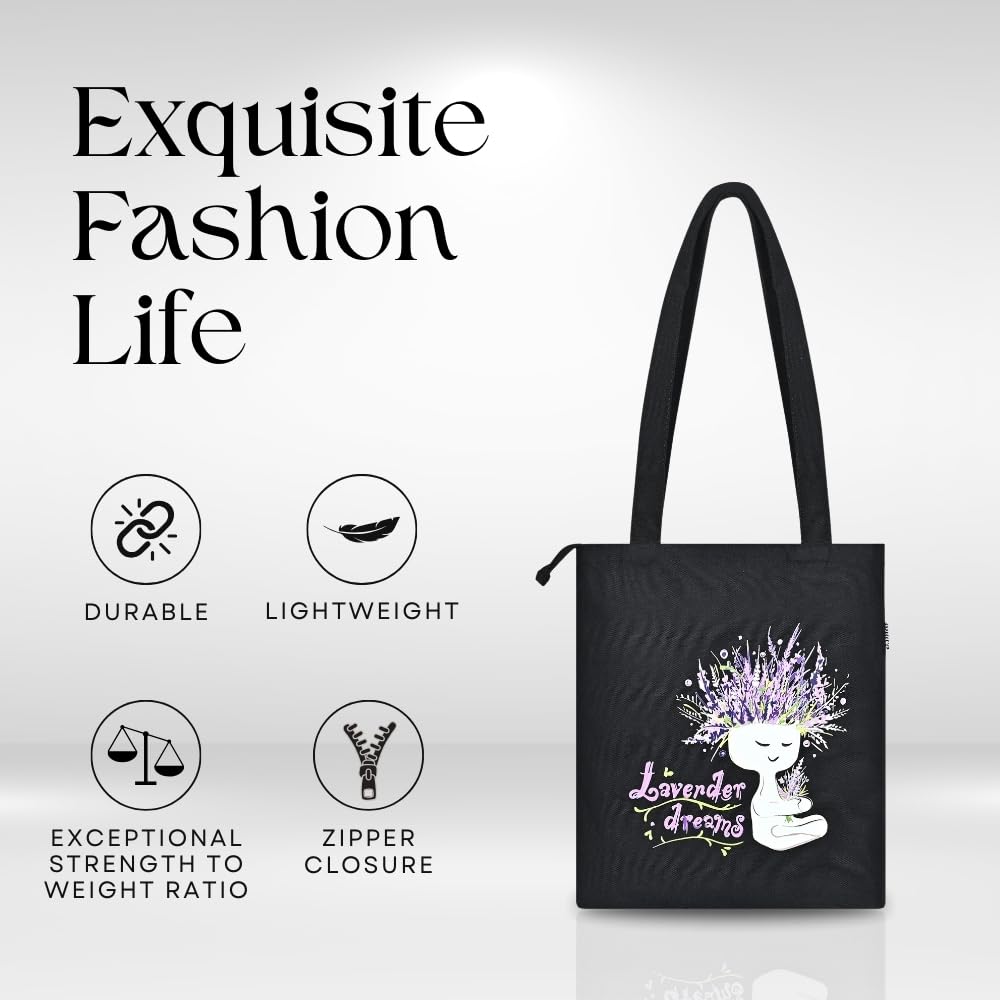 Cotton Canvas Tote Bags for Women With Zipper and Pocket Multipurpose Aesthetic Stylish Tote Bag Reusable, College Travel Shopping Beach Work Tote Handbags (Black & Lavender)