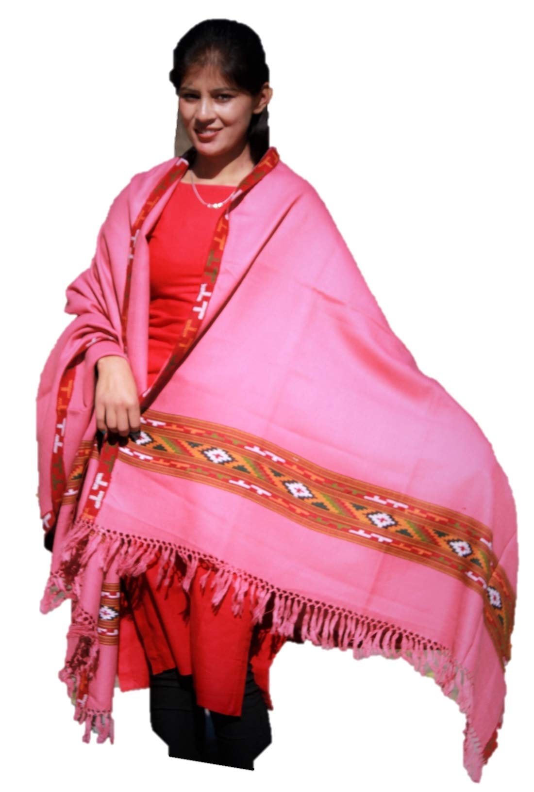HImalayanKraft Hand Woven Kullu Handloom Woolen Shawl Pink Colored with Beautiful Kullu Weaving Designed for Women and Girls.