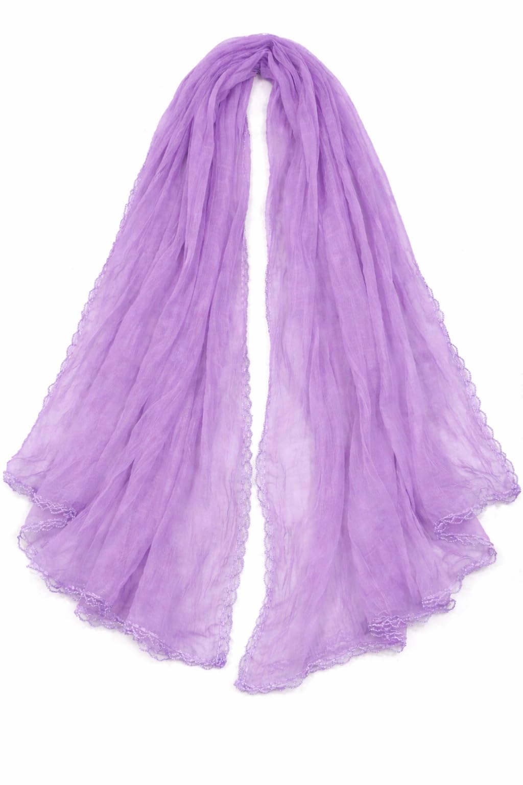 shaneka Lightweight Crinkle Scarf, Lavender Purple, Sheer Fabric with Lace Trim, Women's Wrap Stole