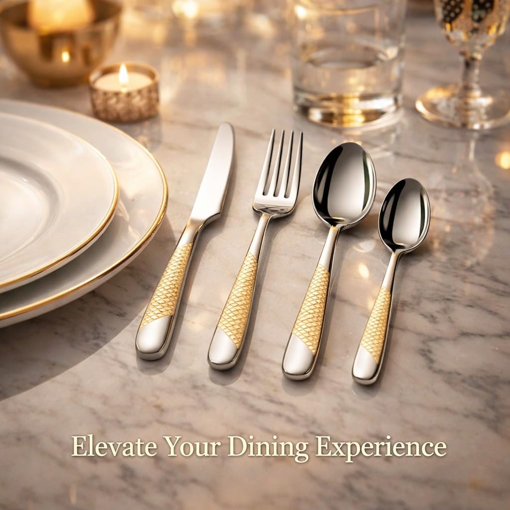 ANH MART Mirror Finish Gold Plated Stainless Steel Flatware Set - Copper Silverware Rose Gold Cutlery [Dinner Fork, Tea Spoon, Salad Spoon, Knife] (Golden DOT, 20-Piece)