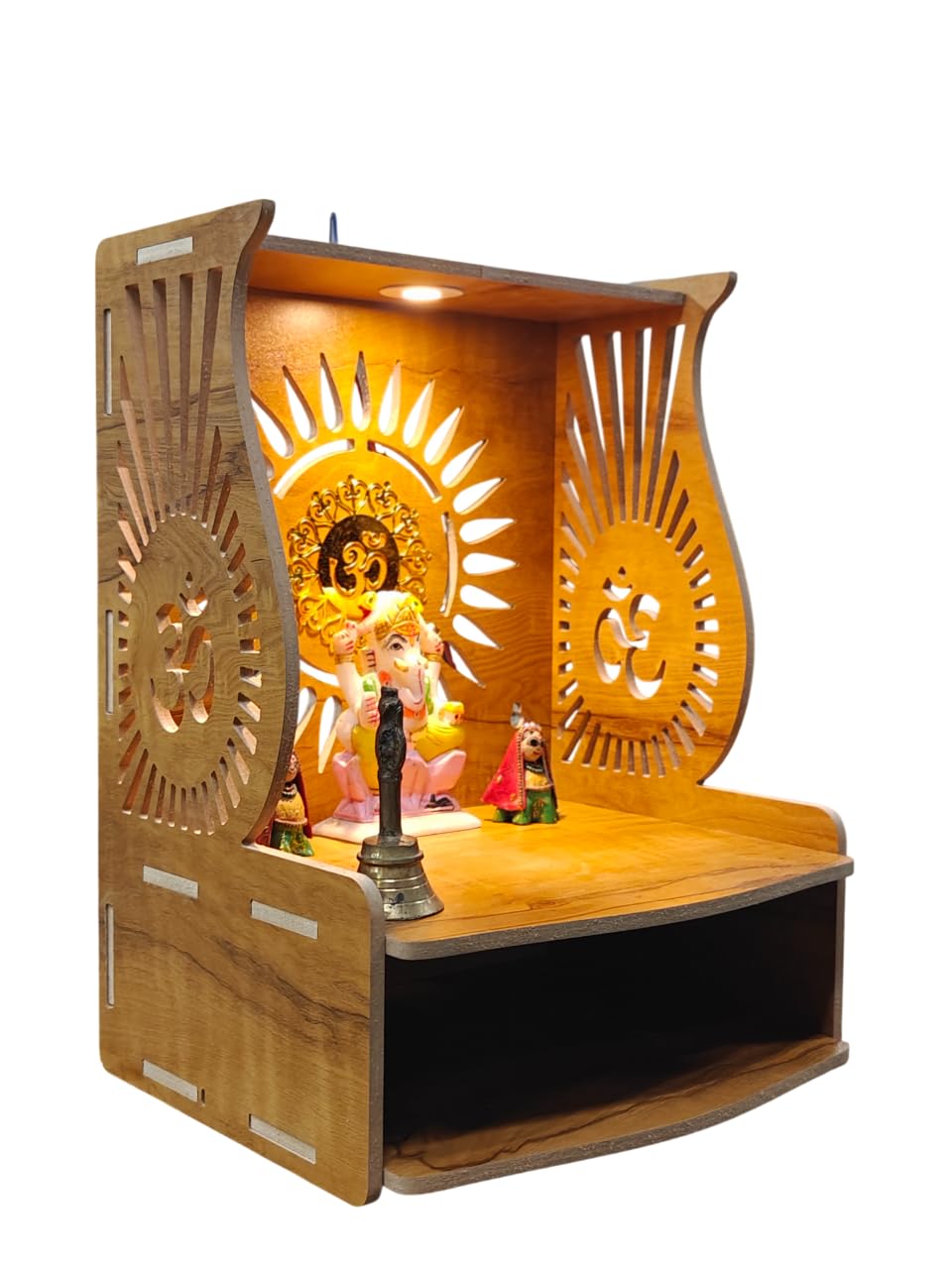 PIXELCRAFTS Wooden Temple Puja Mandir Art and Crafts Temple for Home, Shop, Office with LED SPOT Light (Size – H 15.5X L 11.5 x W 11 inch) (COACHWOODUNIQUE)