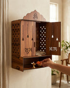Gloridec Wooden Pooja Mandir with Door, Wall Mounted Temple with LED Light, 49x30x20 CM, for Home Puja Room, Living Room & Office (Design -1)