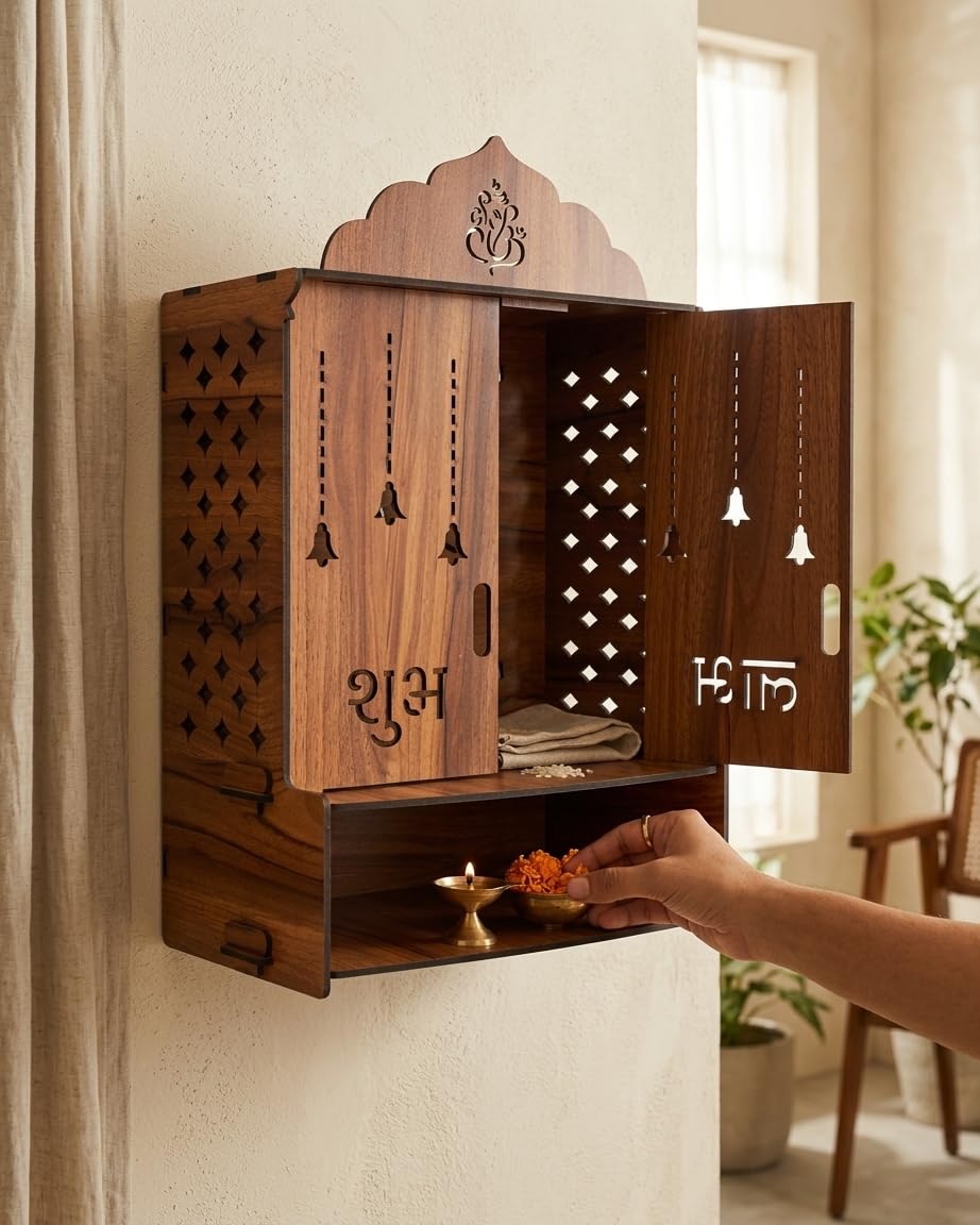 Gloridec Wooden Pooja Mandir with Door, Wall Mounted Temple with LED Light, 49x30x20 CM, for Home Puja Room, Living Room & Office (Design -1)