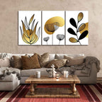 VIBECRAFTS 3 Pieces Golden Botanical Line Art Canvas Wall Painting Fitted With Wooden Frame For Home | Office | Living Room | Gifts(PTVC3Pcs3_11522N)