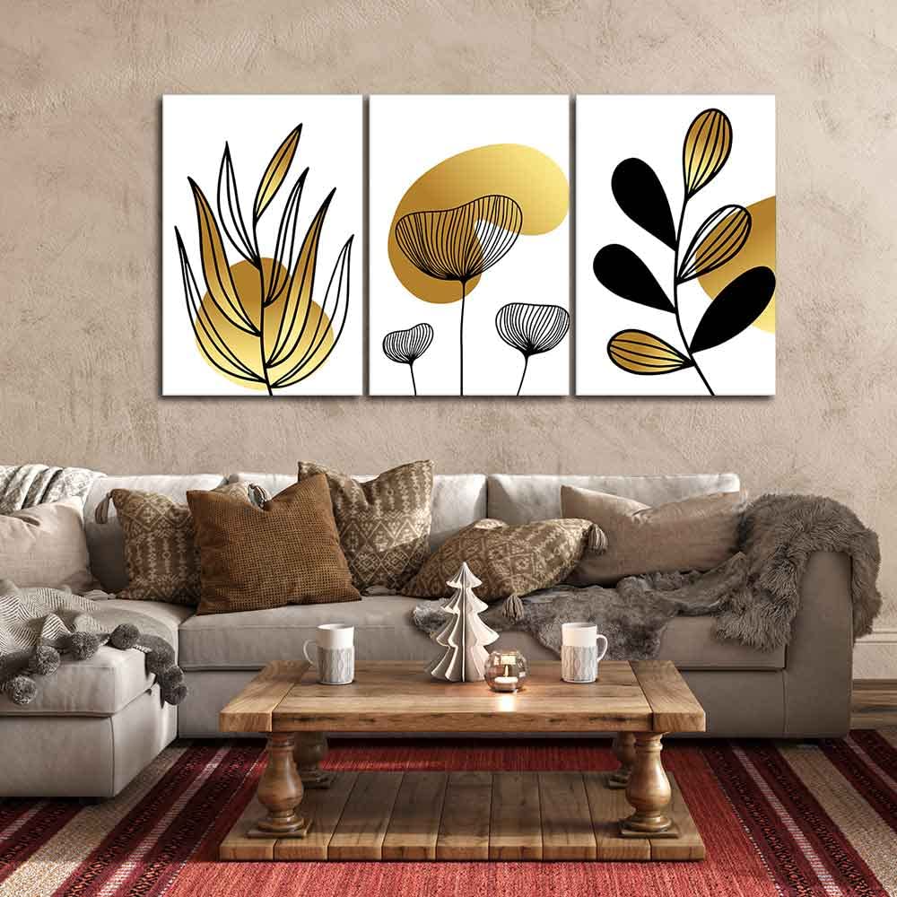 VIBECRAFTS 3 Pieces Golden Botanical Line Art Canvas Wall Painting Fitted With Wooden Frame For Home | Office | Living Room | Gifts(PTVC3Pcs3_11522N)