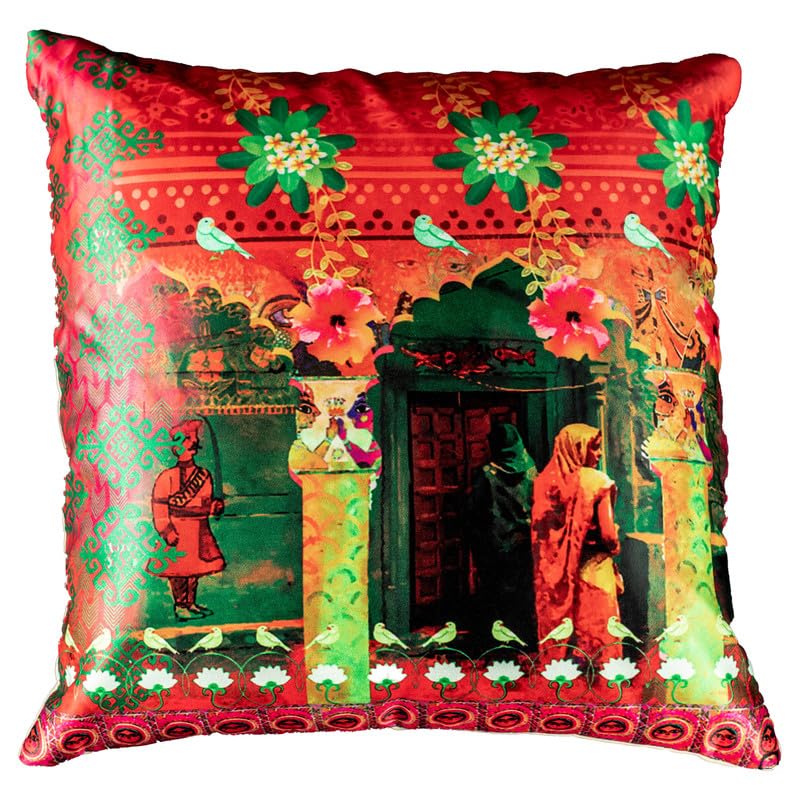 Vendola Decorative Satin Sofa Cushion Covers Set of 5, 24 Inch x 24 Inch, Sofa Pillow Cover, Ethnic Festive, Multicolor, Temple, Peacock, Rajasthani Design Zipper Closure (Vivid, 24X24 Inches)
