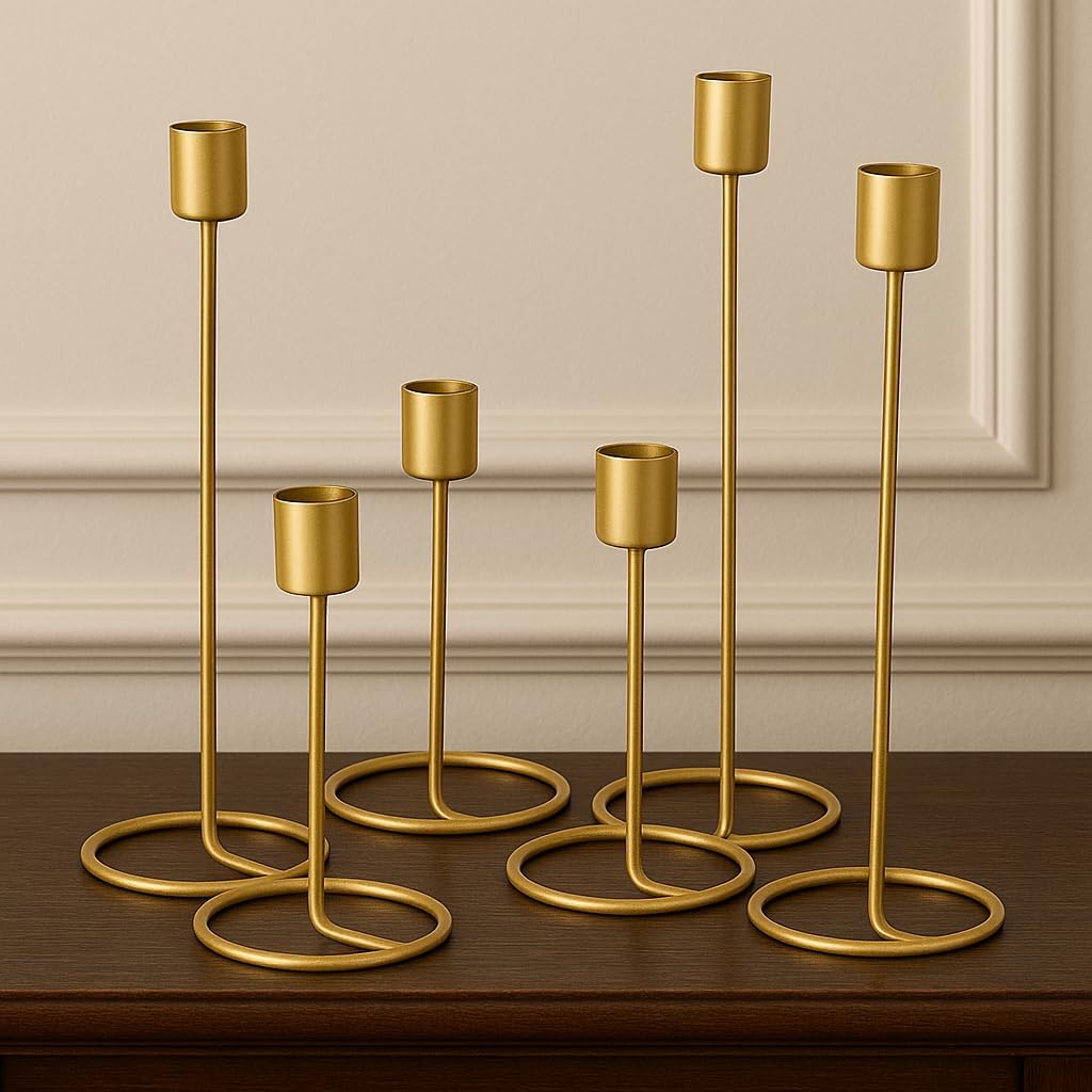 NOVELTY INDIA Set of 6 Candle Holder, Candlestick Holders Taper Candle Holder, Gold Metal Candle Stand for Home & Decor Candle Stick Holders.