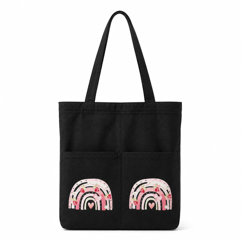 Suryatra Noir Whimsical Rainbow Canvas Tote Bag for Women & Men | Premium Cotton Canvas Shoulder Bag with Dual Front Pockets | Tote Bag for Office, College, Shopping & Travel | Black | 14 x 16 Inches