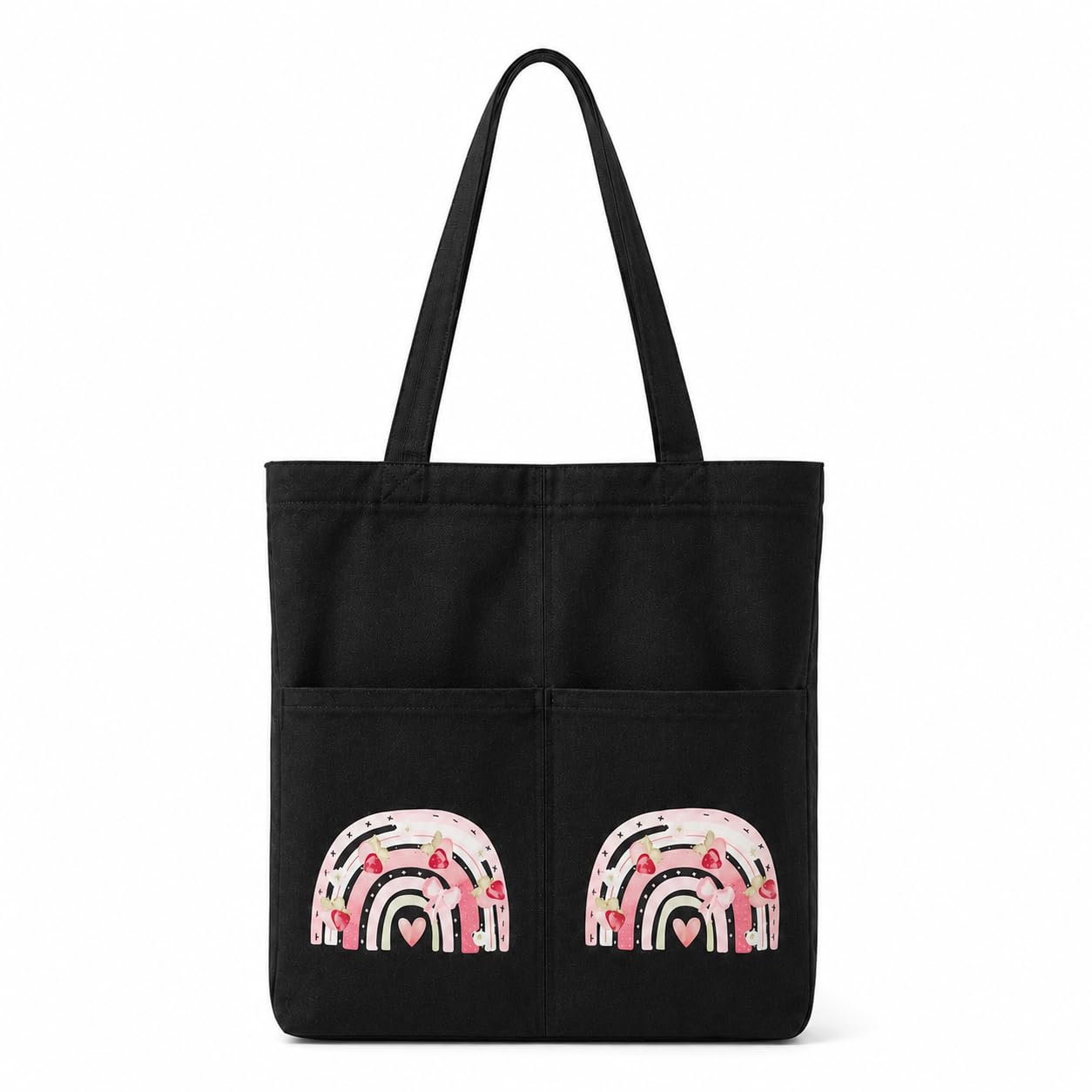 Suryatra Noir Whimsical Rainbow Canvas Tote Bag for Women & Men | Premium Cotton Canvas Shoulder Bag with Dual Front Pockets | Tote Bag for Office, College, Shopping & Travel | Black | 14 x 16 Inches