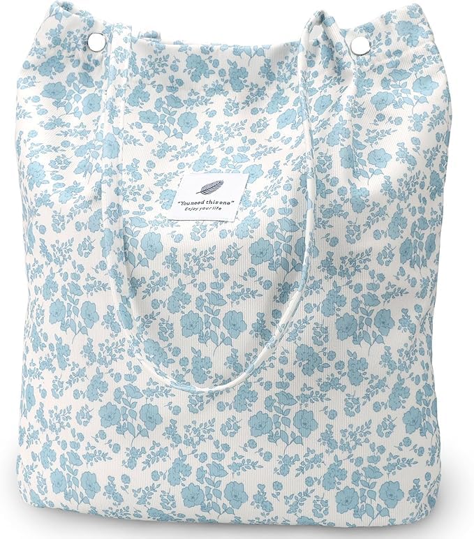 Lyrovo Women Corduroy Shoulder Tote Bag for Work Beach Travel and Shopping Grocery (Blue Flower)