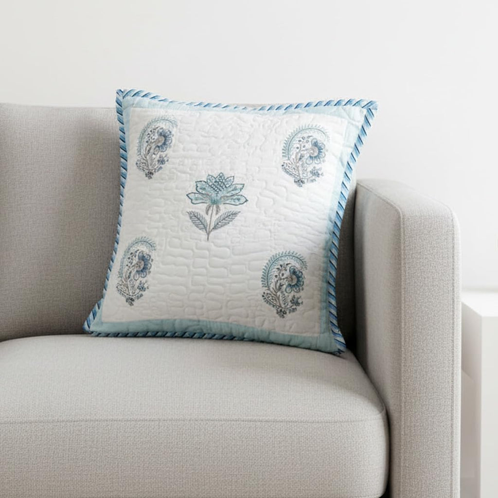 HOMEMONDE Hand Block Printed Soft Cushion Cover 1 Piece - Square 24 X 24 Inches Cotton 300 TC Throw Pillow Cover, Baby Blue