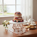 NikkisPride Marble Cake Stand With Copper Finish Metal Base & Plain White Marble Top with Cake Cutlery Pieces Set of 3