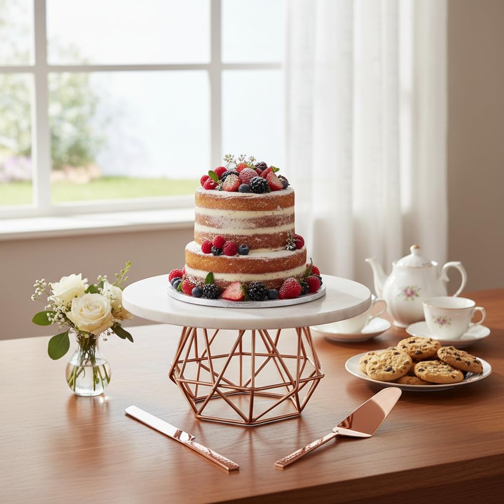 NikkisPride Marble Cake Stand With Copper Finish Metal Base & Plain White Marble Top with Cake Cutlery Pieces Set of 3