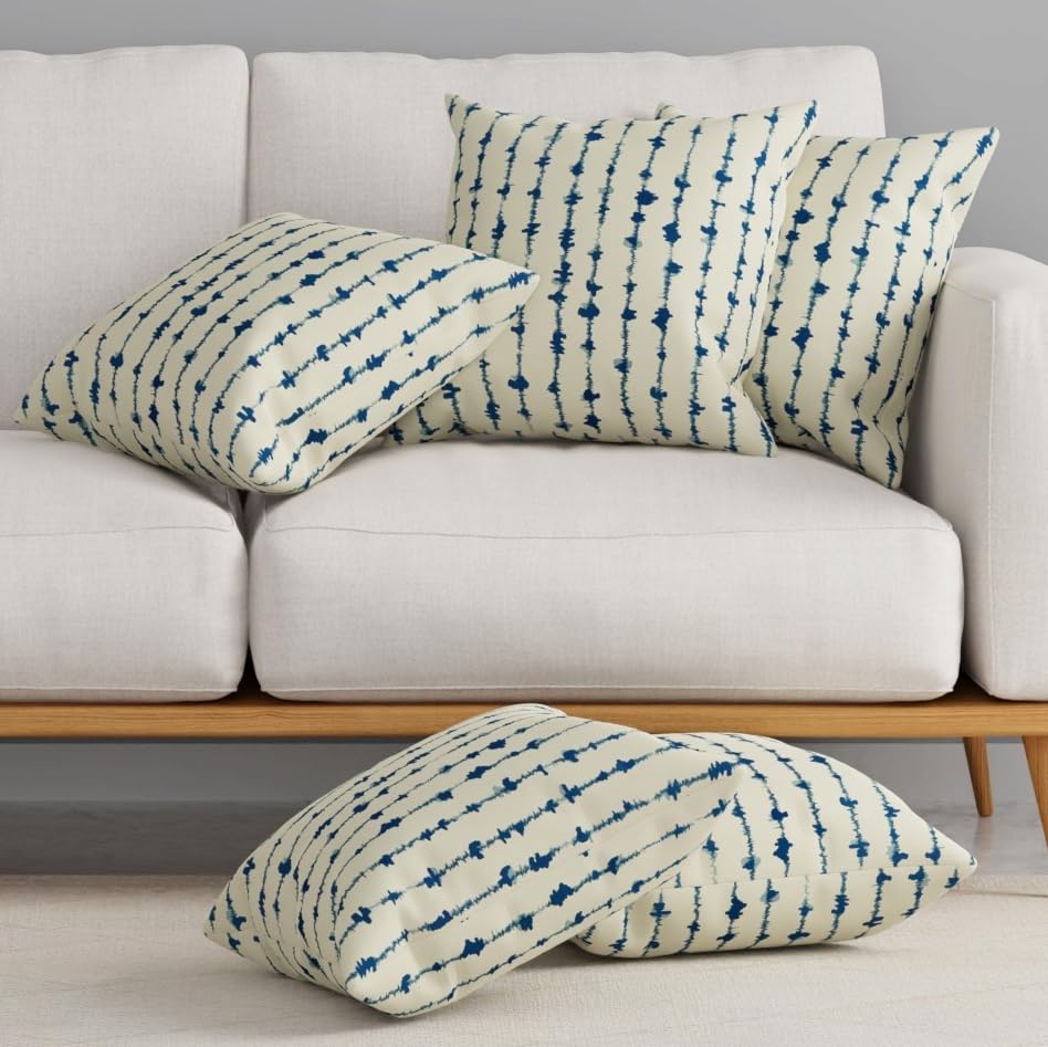 HUESLAND Premium Cotton Cushion Cover 12 x 12 inch Set of 5 | Decorative Throw Pillow Covers for Sofa, Living Room & Bedroom | Blue Vertical Stripes