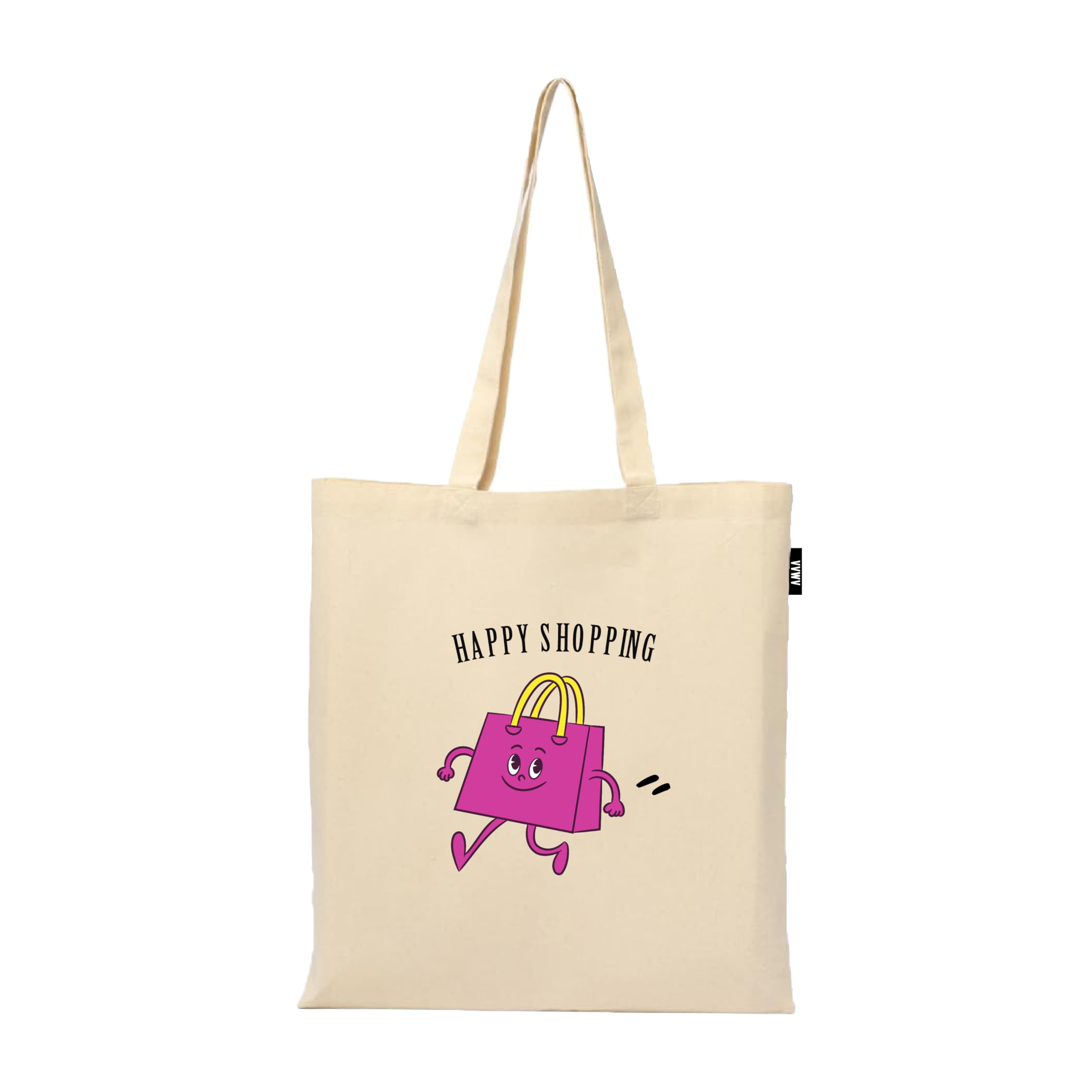 VVWV Happy Shopping Funny Printed Reusable Tote Bags | 100% Organic Cotton Shopping/Grocery Bag | Multi-Purpose Bag | Sturdy Canvas Bag with 15kgs Capacity (13 x 15.7 Inch)