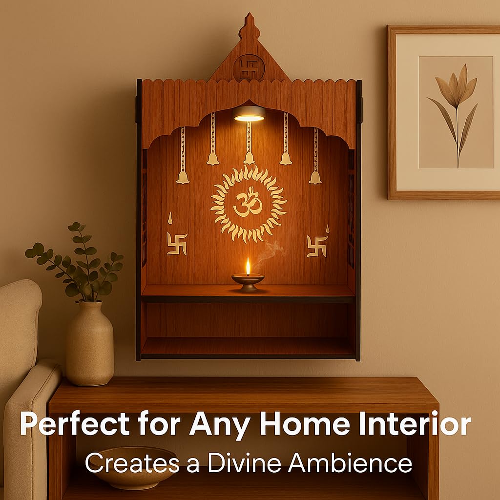 HomeTrikka™ Shubh Kripa Wooden Slider Temple | Elegant Medium Wall-Mounted Pooja Mandir with Storage & LED Light | Lightweight Pooja Stand for Home & Office | Size H-19.5 x L-12.3 x W-7 Inch