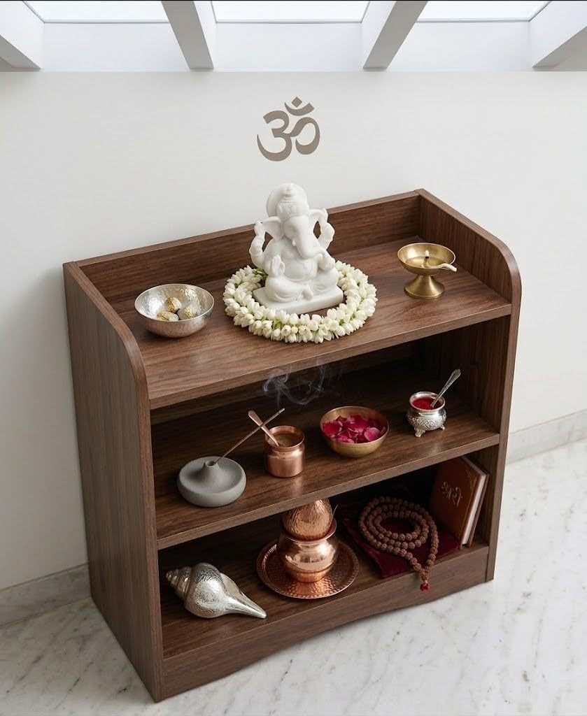 Wooden Pooja Stand with Storage for Home Temple – 3 Tier Prayer Shelf Rack for Idols, Diyas & Puja Essentials