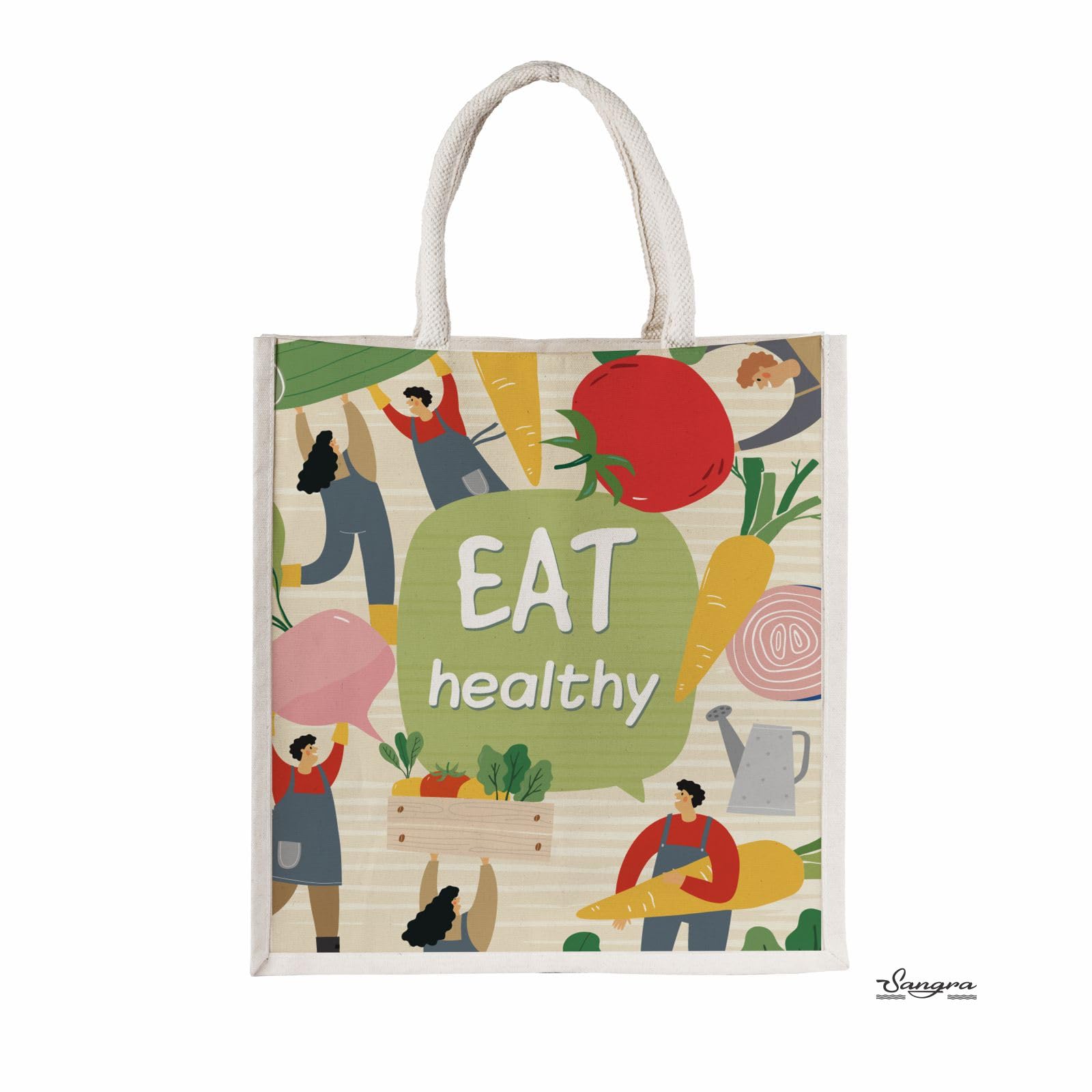 Sangra Canvas Reusable Bags for School, College, Lunch Bag for Office for Men and Women, Grocery Shopping Bag, Multi-Purpose Bag, Sturdy Handle With Zipper Lock (Pack of Two) (Eat Healthy)