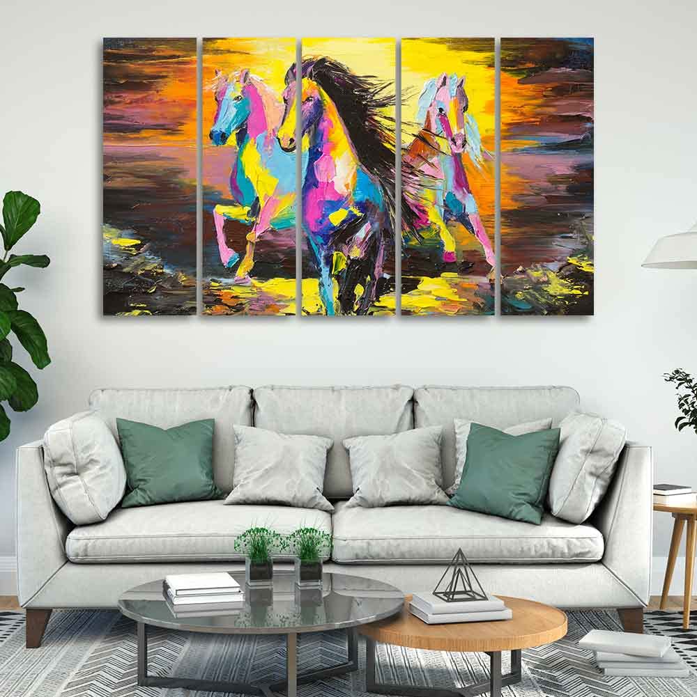 VIBECRAFTS Three Running Horses Abstract Art Canvas Five Pieces Wall Painting For Home|Office|Living Room|Gift (PTVC5Pcs4_8586)