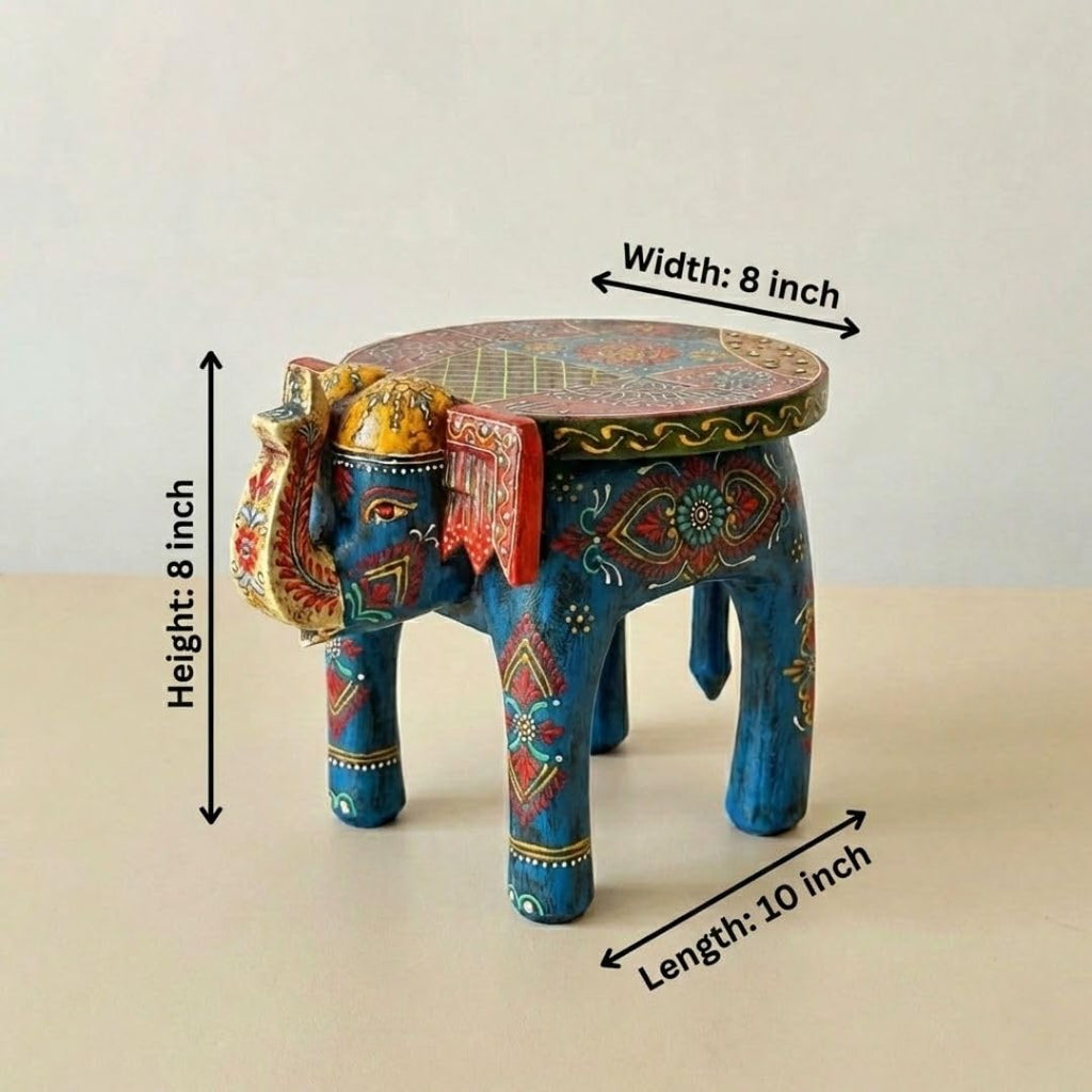 ATRANGI STUDIO Blue Handpainted Wooden Elephant Stool Cum Showpiece | Mango Wood Traditional Multipurpose Stool for Living Room Decor & Mandir | Perfect for Plant Stand | 8x8x10 inch