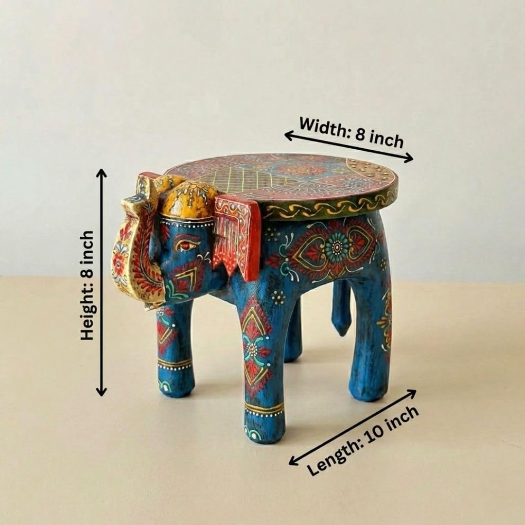 ATRANGI STUDIO Blue Handpainted Wooden Elephant Stool Cum Showpiece | Mango Wood Traditional Multipurpose Stool for Living Room Decor & Mandir | Perfect for Plant Stand | 8x8x10 inch