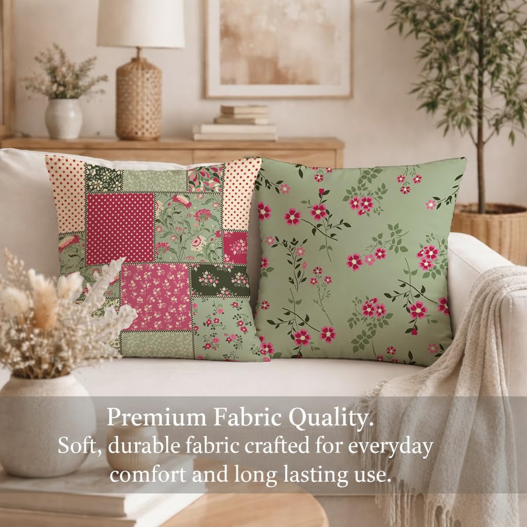 STITCHNEST Set of 2 Blossom Patchwork Collection Printed Jute Cushion Covers 16x16 Inches | Decorative Throw Pillow Covers for Sofa, Living Room, Bedroom | Perfect for Home Decor