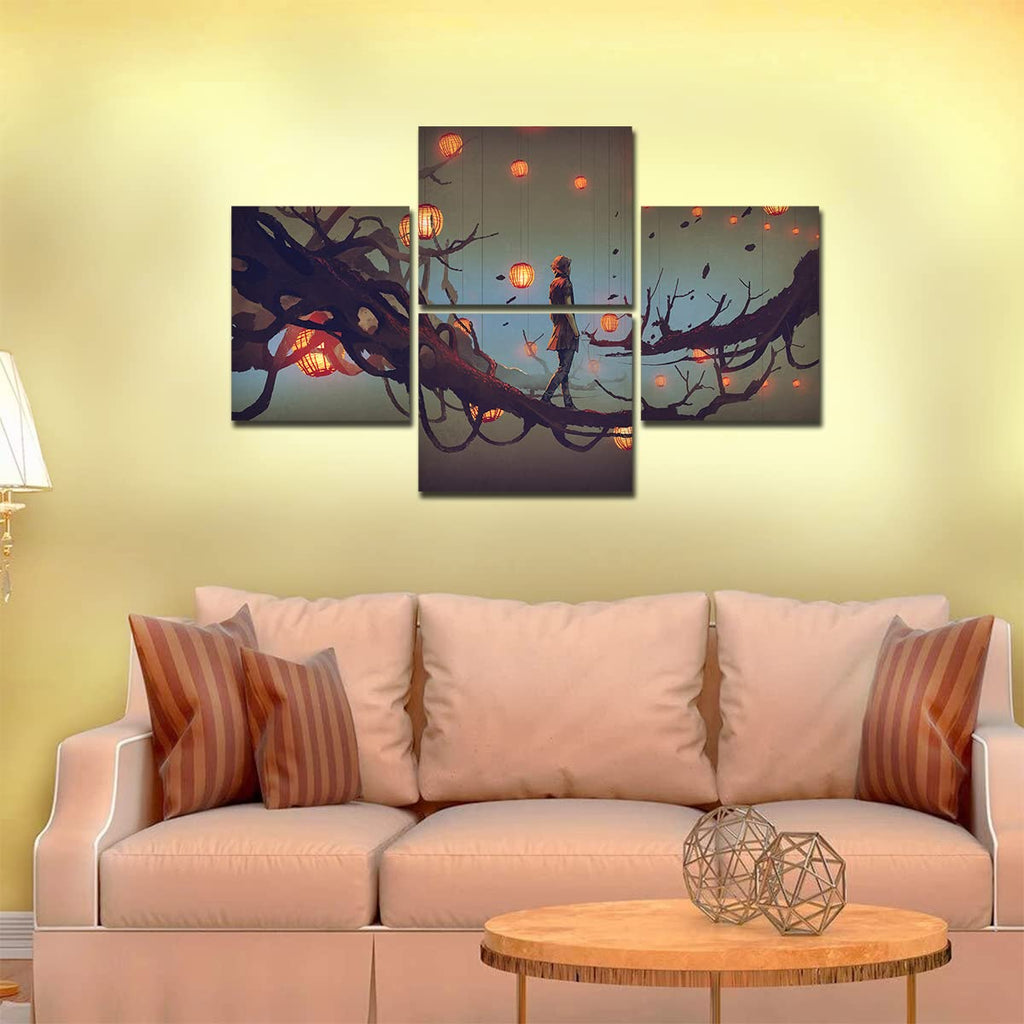 VIBECRAFTS Man Walking In Night 4 Pieces Canvas Wall Painting Fitted With Wooden Frame For Home | Office | Living Room | Gifts (PTVC4Pcs4_16505)