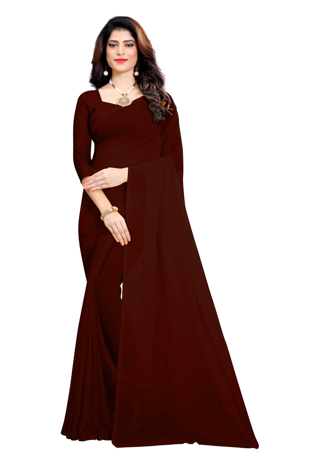 RK Fashions8 Women's Plain Soft Pure Georgette Saree with Pre-Stitched Blouse Piece |Minimalist Style | Perfect for Casual and Office Wear | Ready-to-Wear Convenience| (Brown)