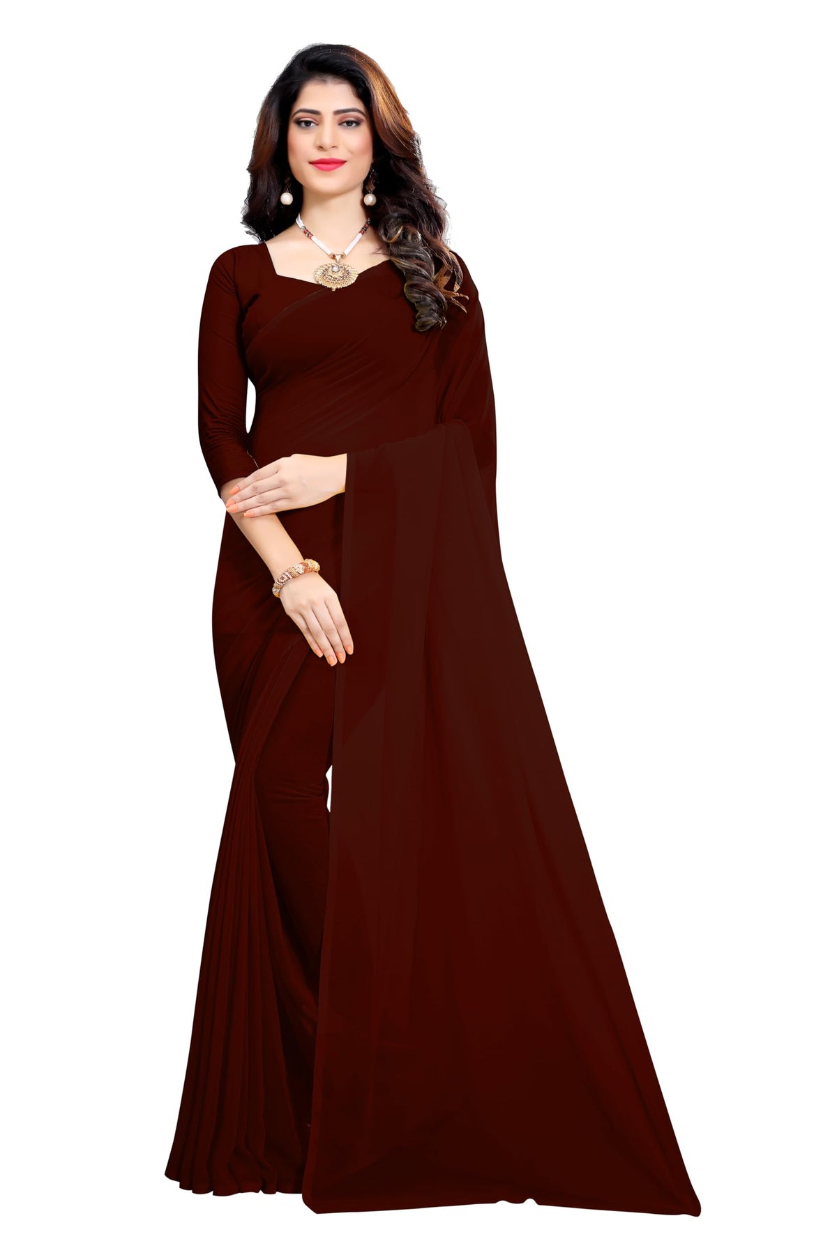 RK Fashions8 Women's Plain Soft Pure Georgette Saree with Pre-Stitched Blouse Piece |Minimalist Style | Perfect for Casual and Office Wear | Ready-to-Wear Convenience| (Brown)