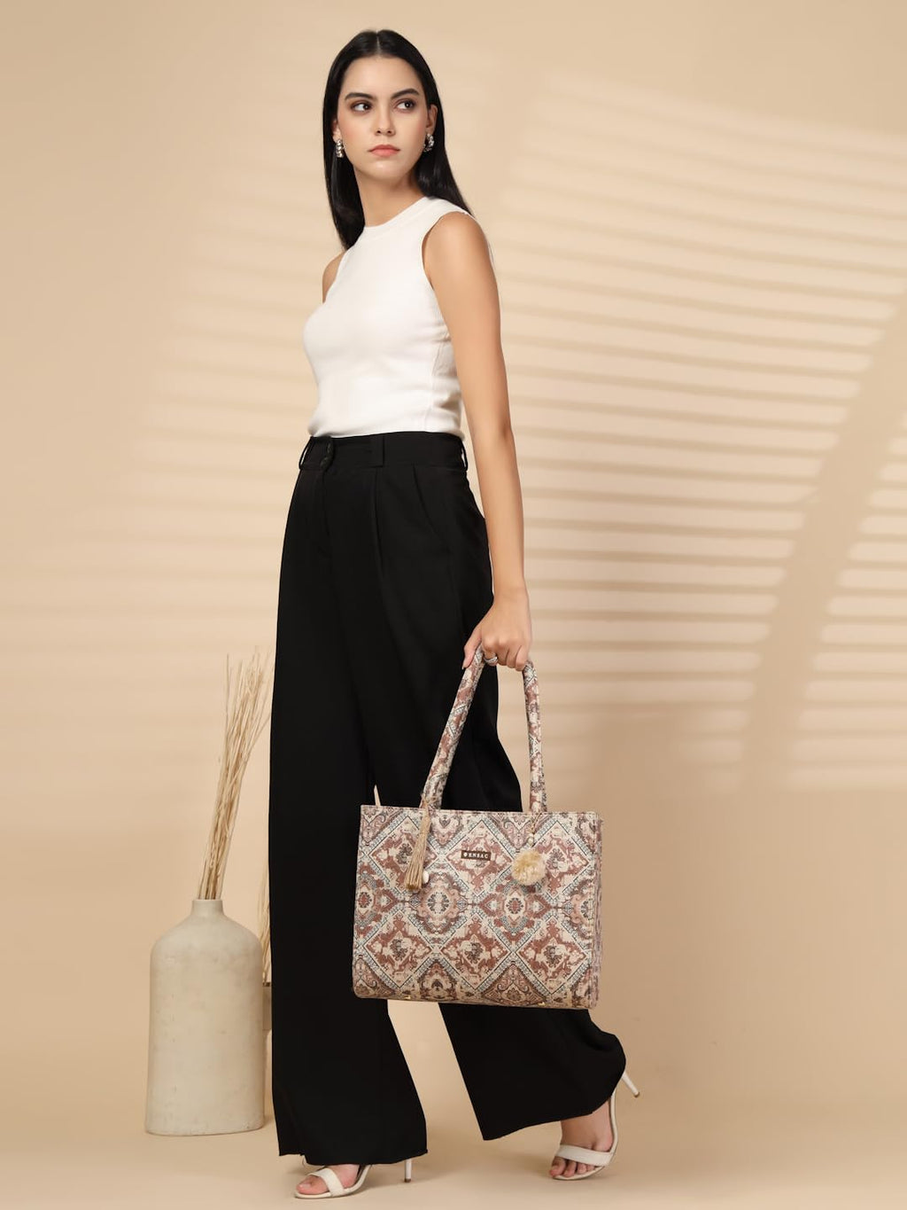 ENSAC Ethnic Print Tote Bag With Zip For Women & Girls | Lightweight Canvas Shoulder Bag, Stylish Designer Handbag, Ethnic Design, Perfect for Office, College & Shopping Use