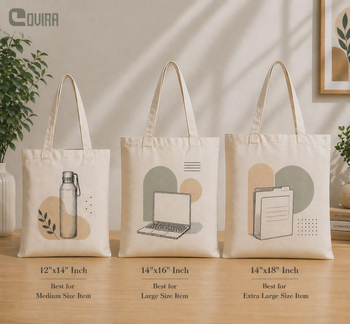 COVIRA 14x16 Inch Plain Canvas Tote Bag | 12 Pcs |100% Organic Reusable 350 GSM Cotton Handbag for Shopping, Daily Use, Grocery, Craft Diy Painting and Storage