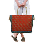 E - Ezra Designer Ethnic Handmade Brocade Silk Tote Bag For Women's Shoulder Bag Shopping Bag For Girls 16 Inch (Orange)