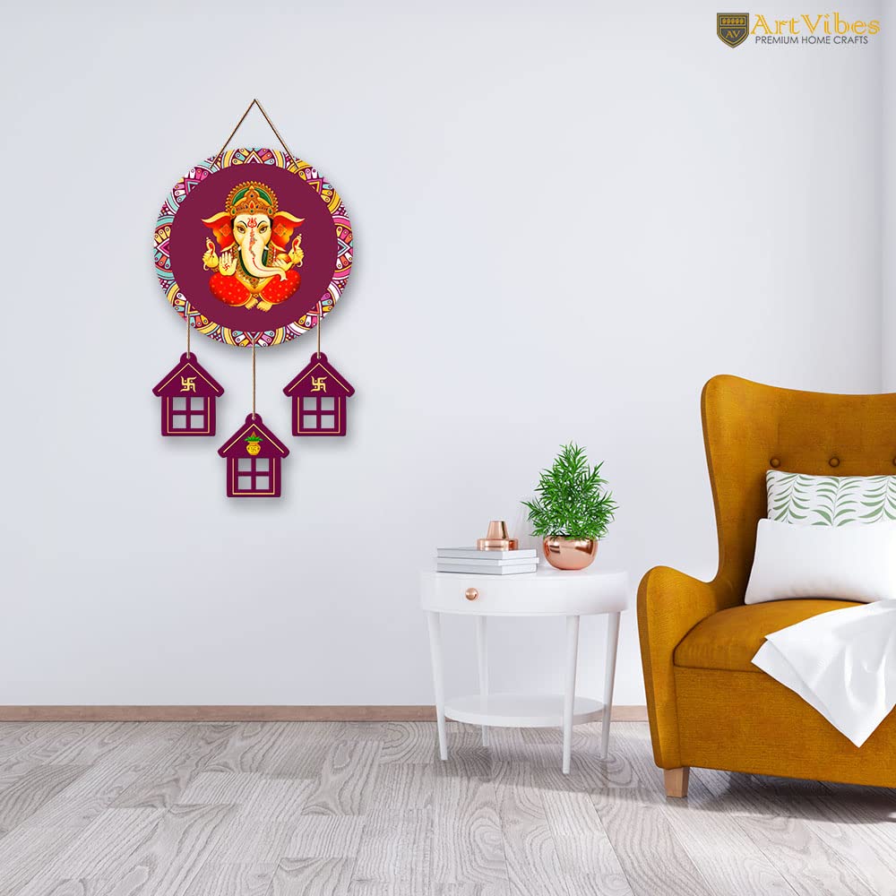 Artvibes Lord Ganesha Auspicious Wooden Art Work Wall Hanging For Good Luck Properity Vastu | Spiritual Decor Items | Paintings | Wall Poster| Stylish Modern Decor Item | Gift Items (WH_7204N)