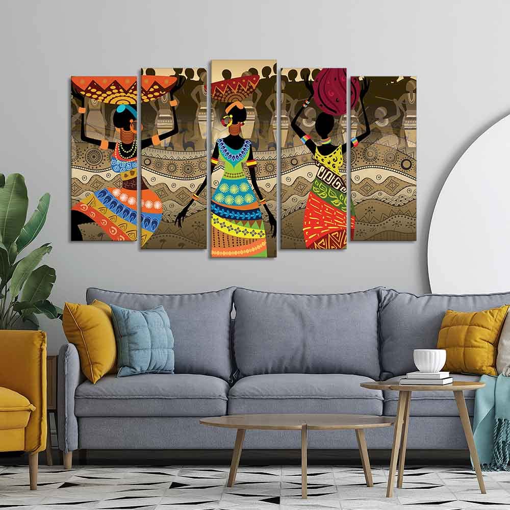 VIBECRAFTS Premium Canvas Wall Painting of African Warli Art Set of Five Pieces For Home|Office|Living Room|Gift (PTVC5Pcs2_6634N)