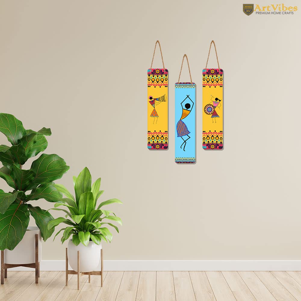 Artvibes African Warli Art Wooden Decoration Item for Living Room | Modern Decoration Items | Handcrafted | Living Room | Cafe | Aesthetic Wooden Decor | Ideal Gifts (WH_8108N), Set of 3