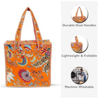 Cotton Quilted Tote Bag for Women, Jungle Print Handbag, Reusable Shoulder Bag with Dual Handles, Lightweight Travel Shopping Tote, Large Capacity Everyday Carry Bag - (Orange flower bag, 12×12 In)