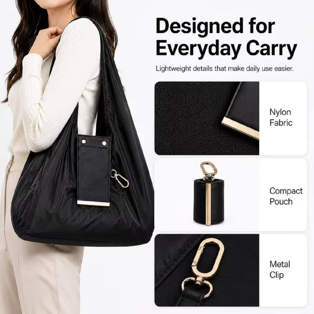 Denfy Foldable Tote Bag | Women Lightweight, Compact & Durable Handbag | Eco-Friendly Convertible Travel Tote with Detachable Golden Metal Keychain Loop & Vegan Leather Cover