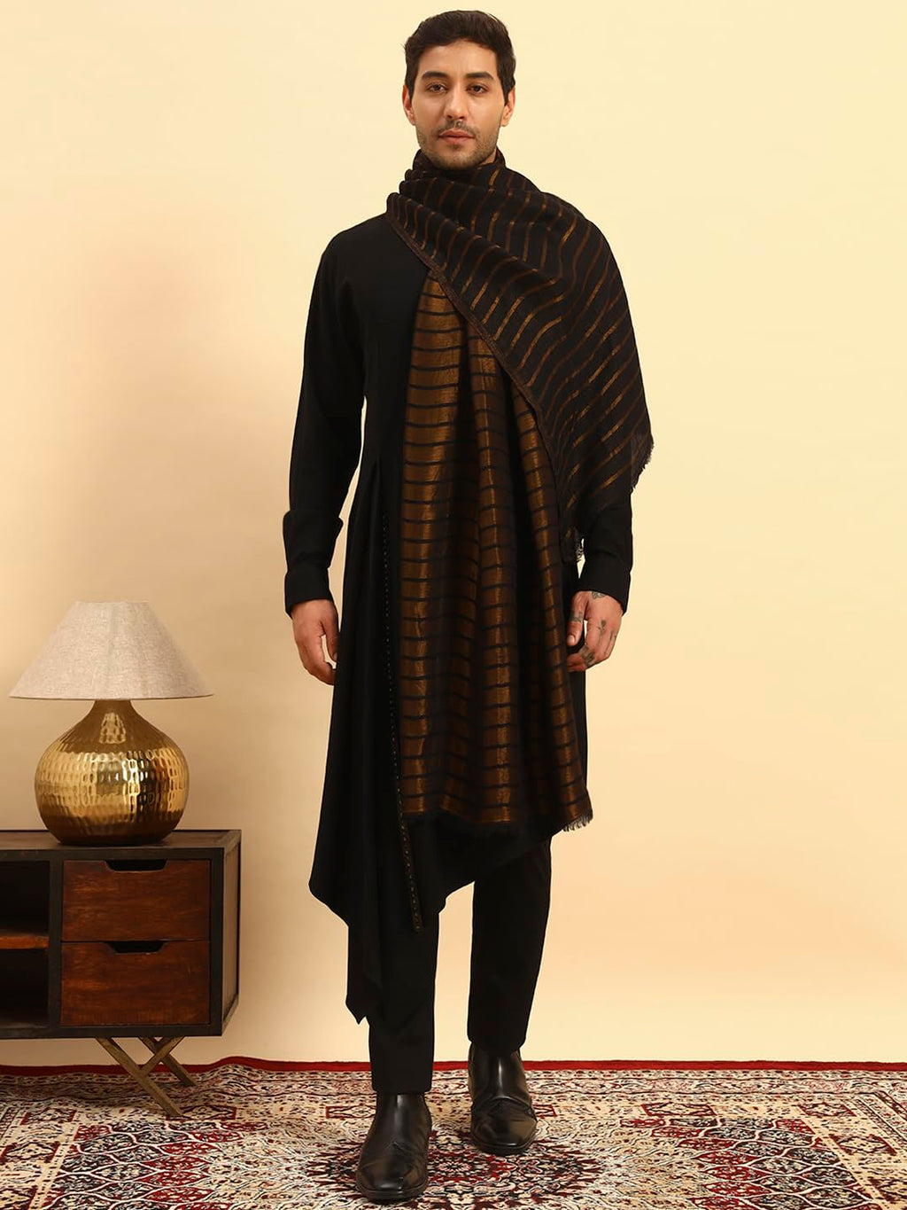 Pashmoda Men Golden Mirage Reversible Zari Moonlight Fine Wool Stole (Size-28x80in, 71x203cm) MZSST05